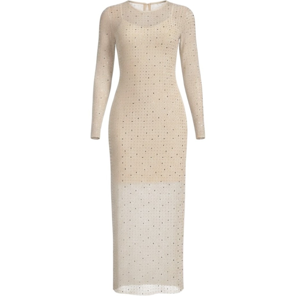 Gianni Bini Dress Womens Medium Tan Rhinestone Mesh Maxi Sheer Long Sleeve